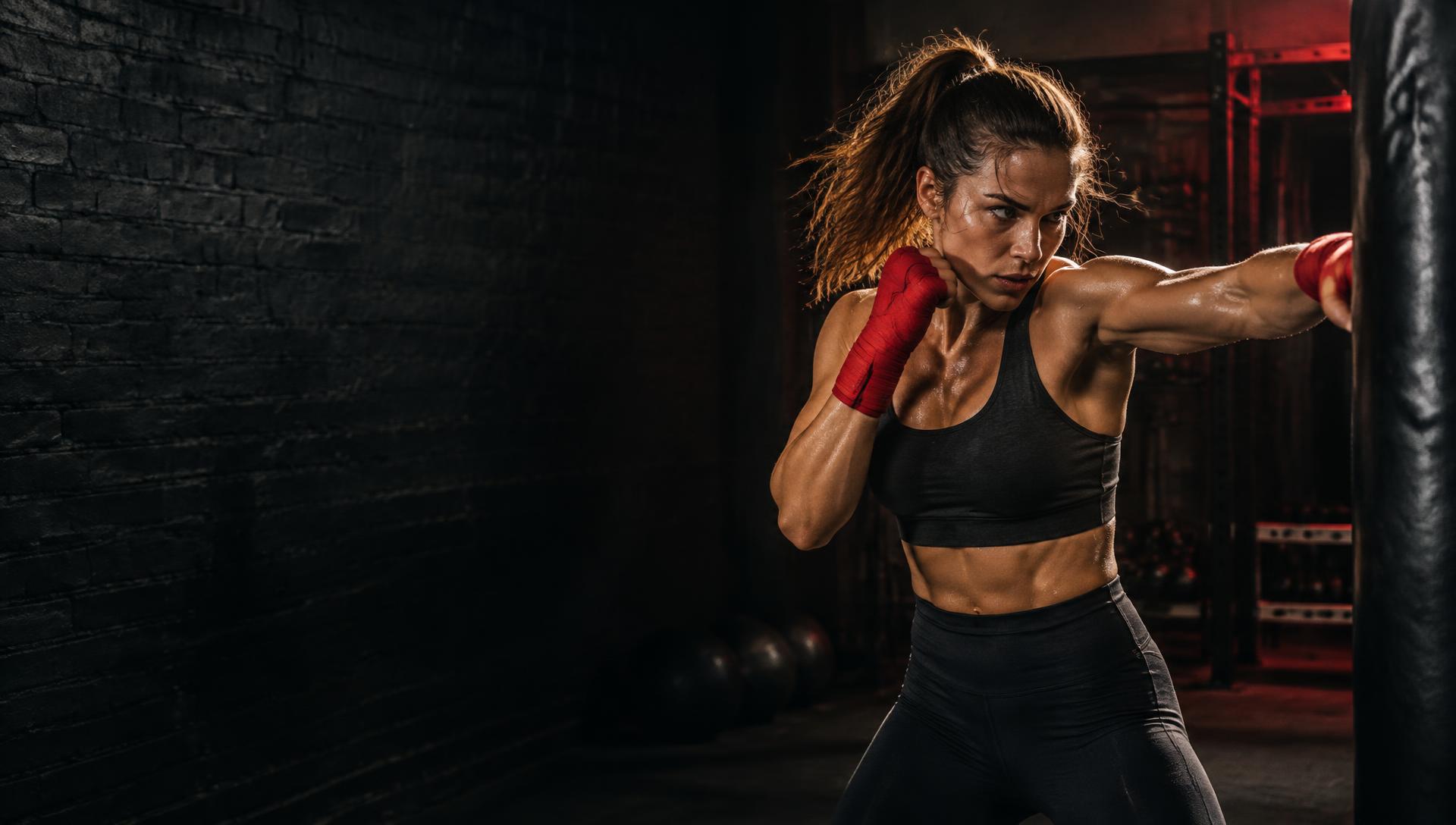 Boxer working a heavy bag in training